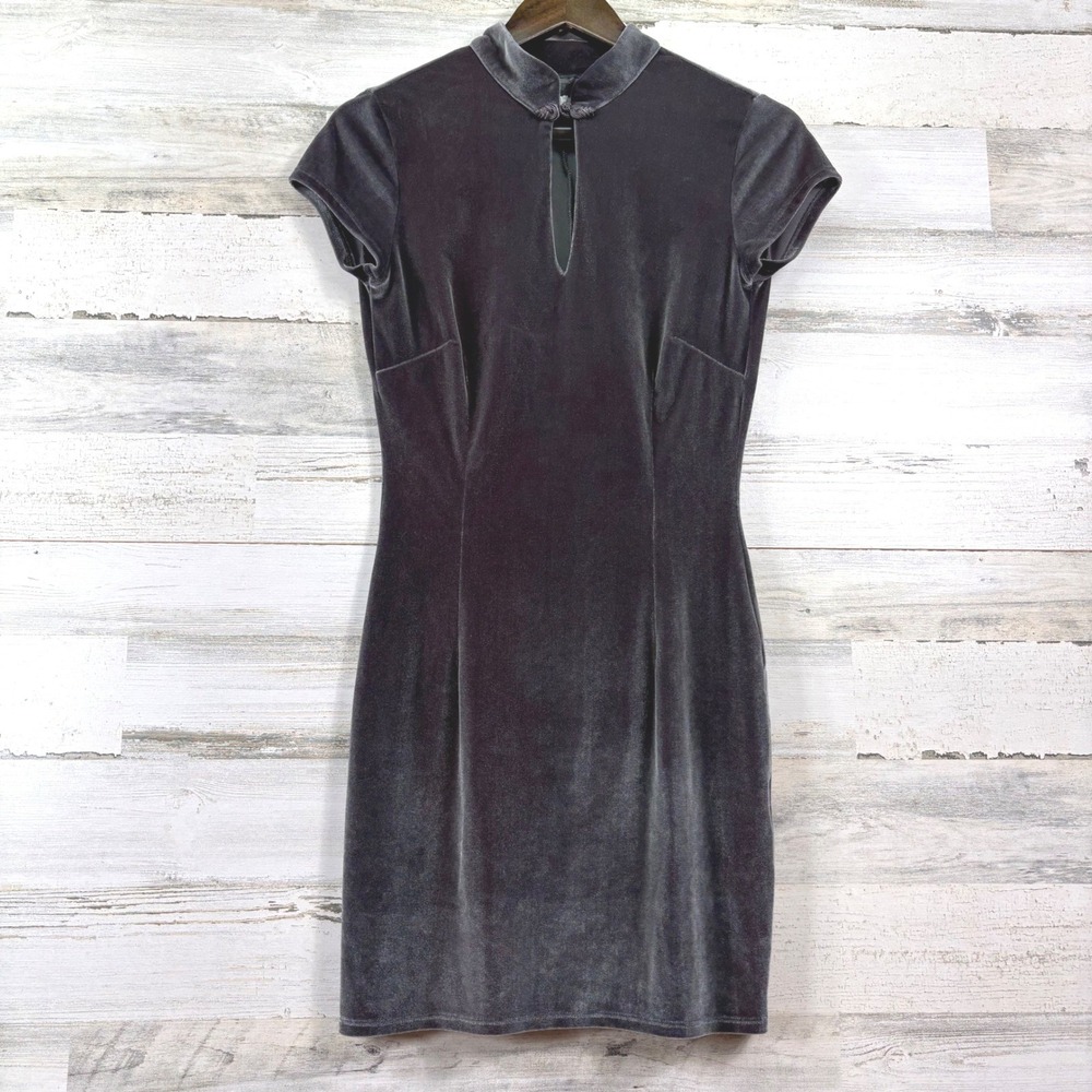 Reformation Velvet Mini Dress Womens 6 Gray Mandarin Collar Keyhole Goth Chic